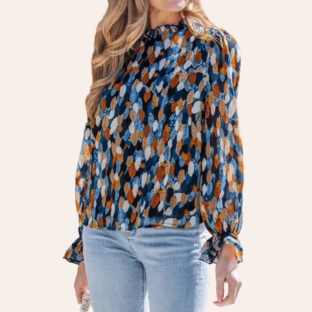 NWT Cupshe Boho Leaves Blouse Blue Large Flowy